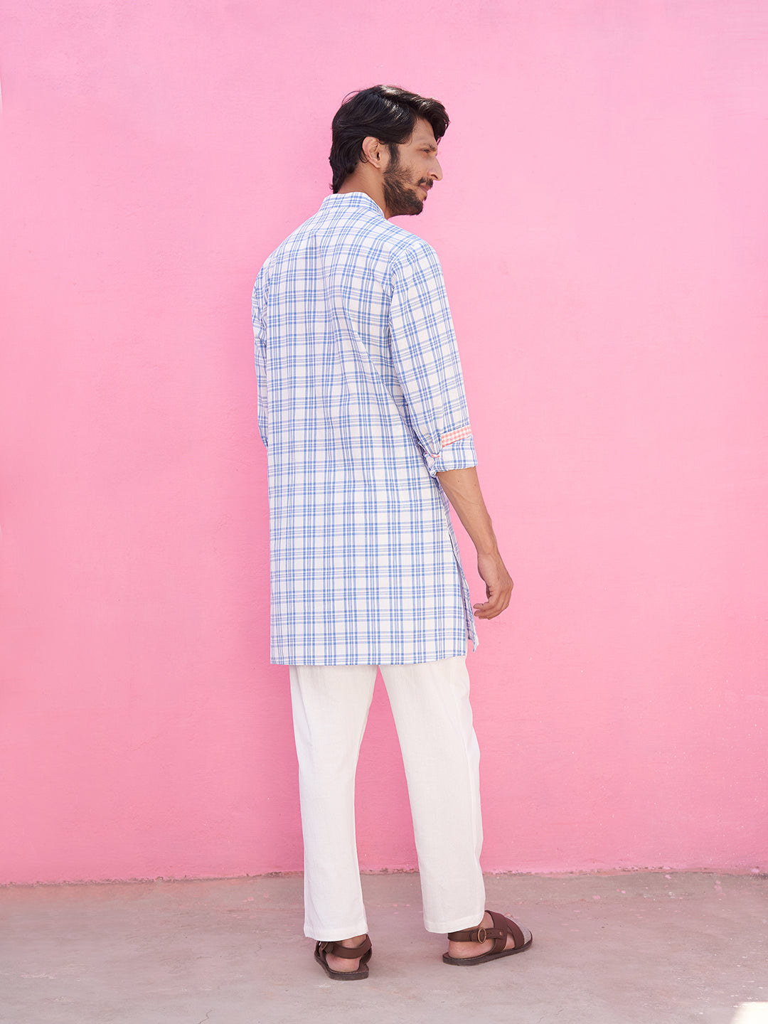 Mandarin collar blue plaid checks kurta Set