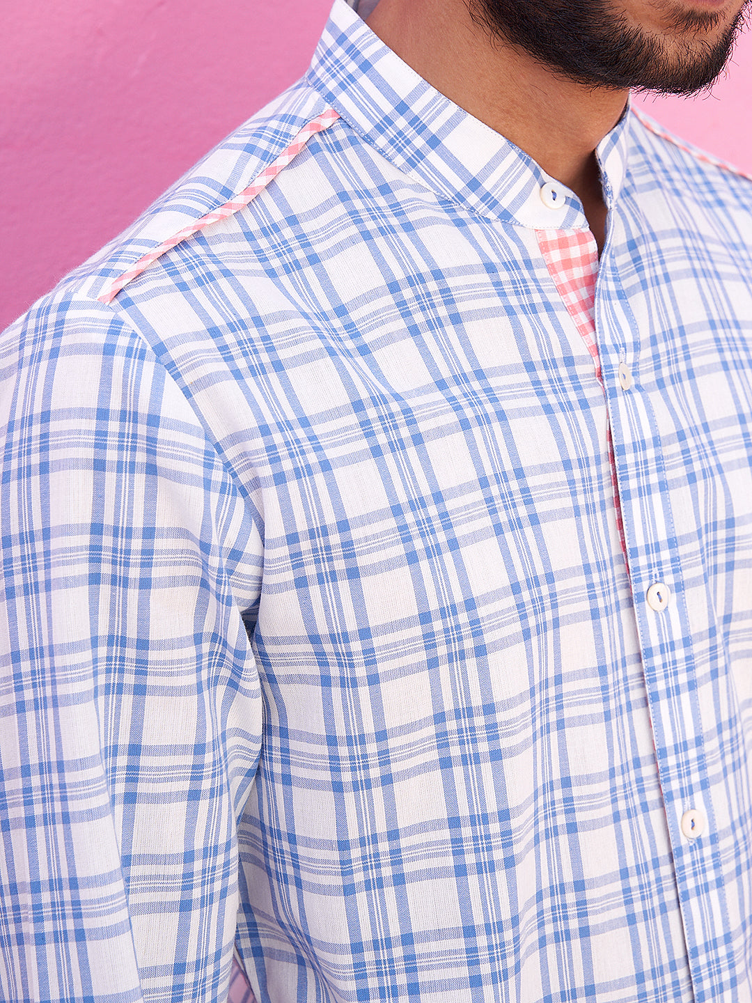 Mandarin collar blue plaid checks kurta Set