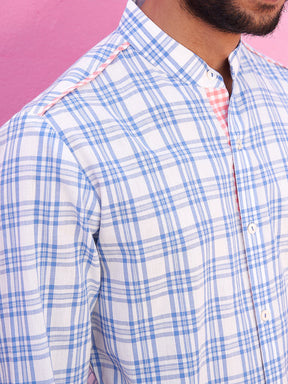 Mandarin collar blue plaid checks kurta Set