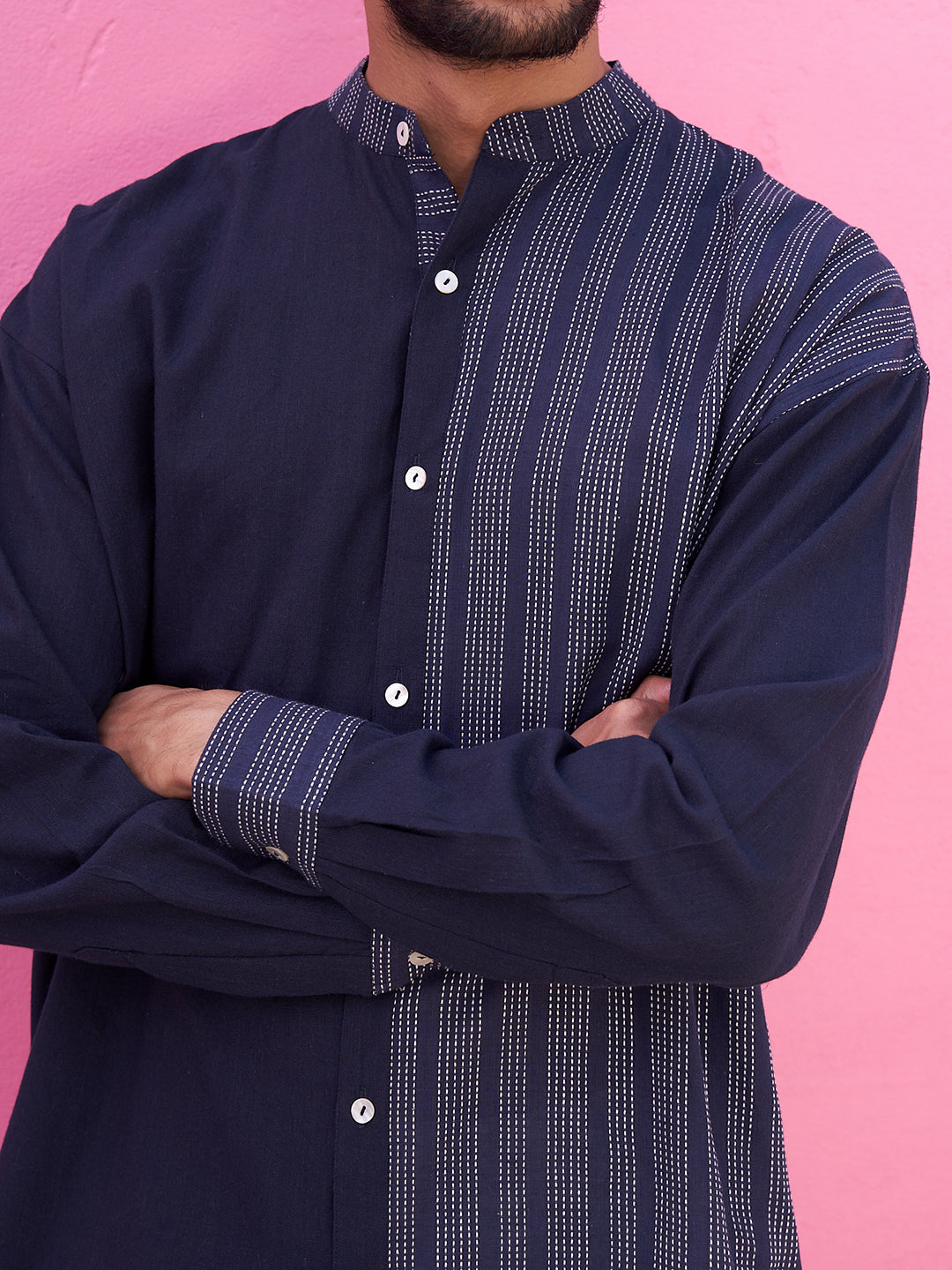 Kantha stripe blue panelled shirt