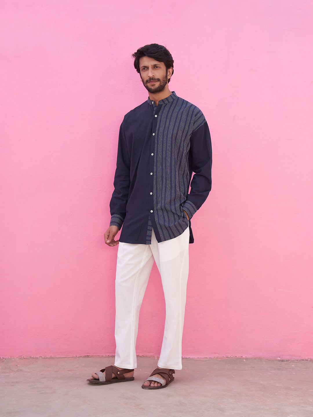 Kantha stripe blue panelled shirt