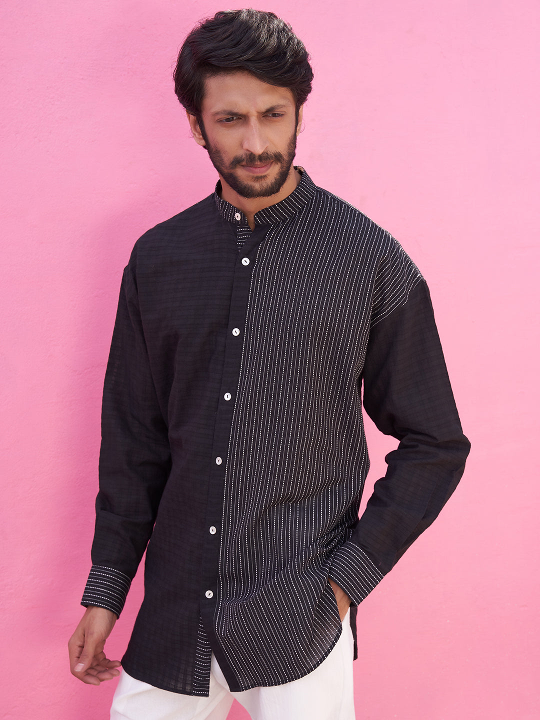 Kantha stripe black panelled shirt