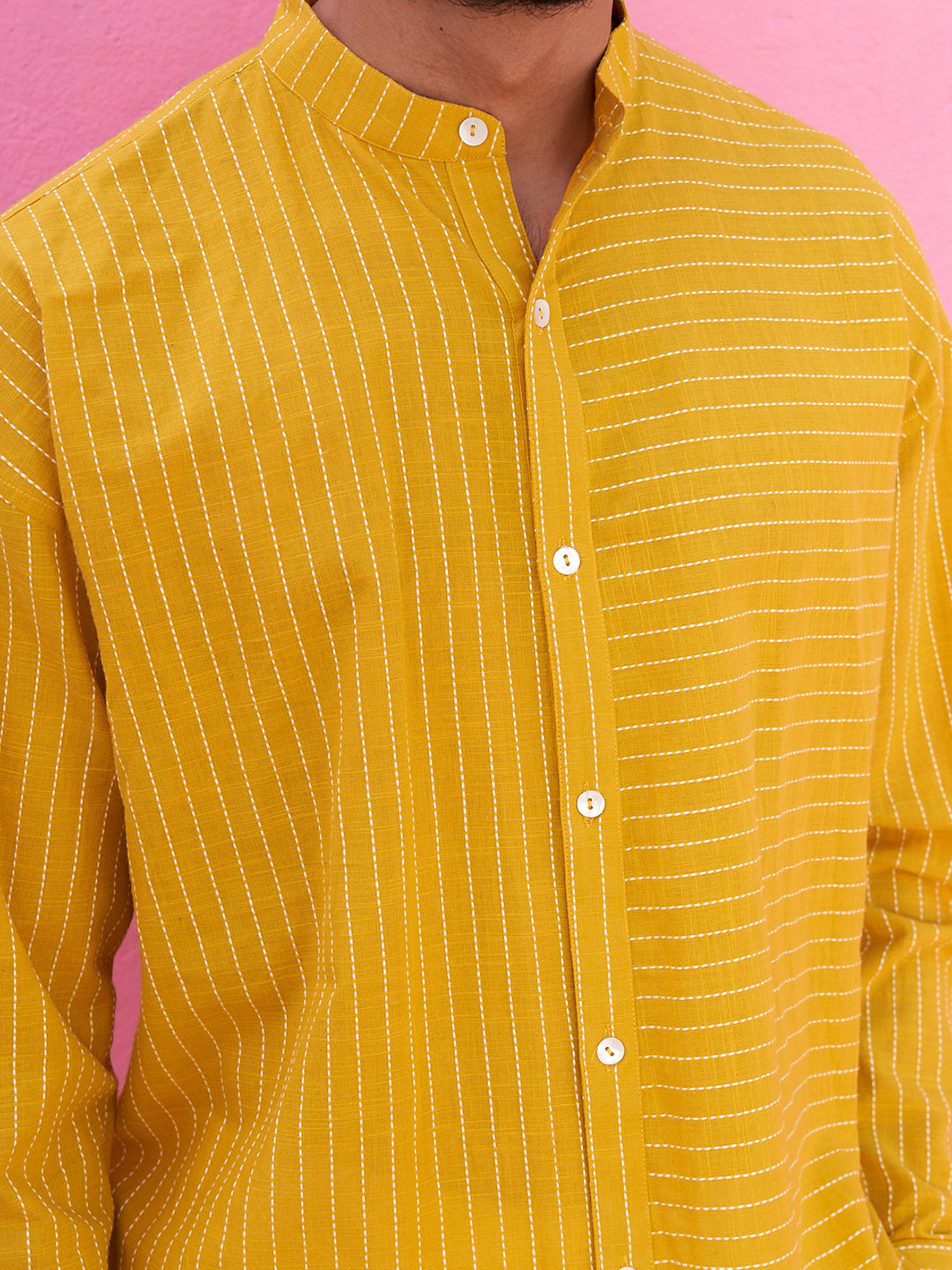 Mandarin collar kantha stripe yellow shirt