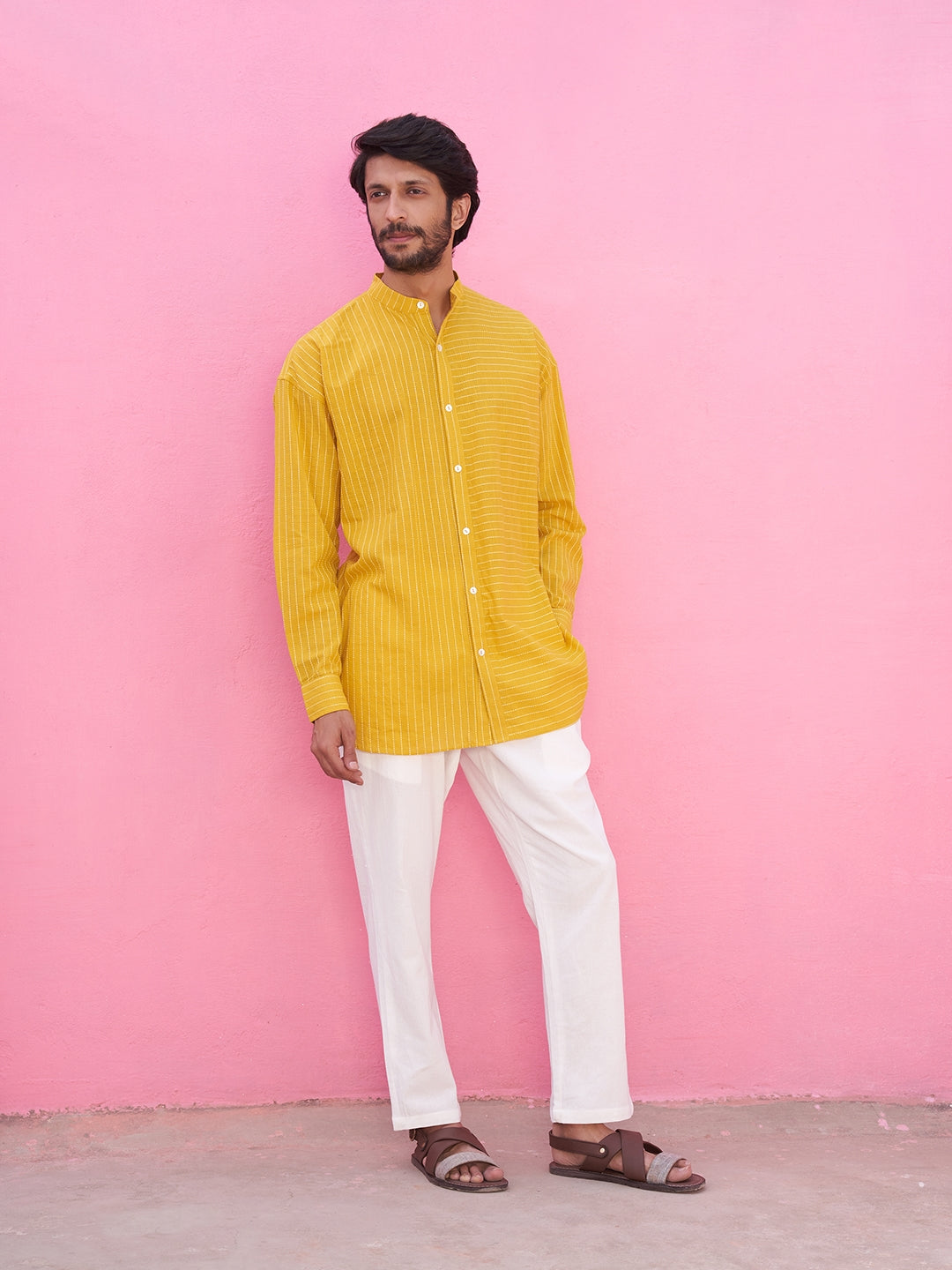 Mandarin collar kantha stripe yellow shirt