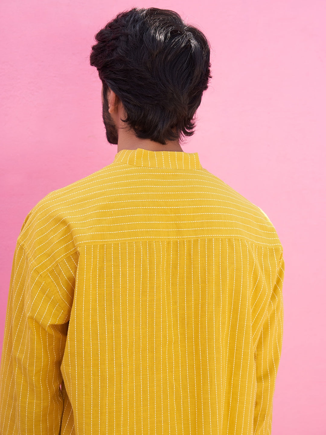 Mandarin collar kantha stripe yellow shirt