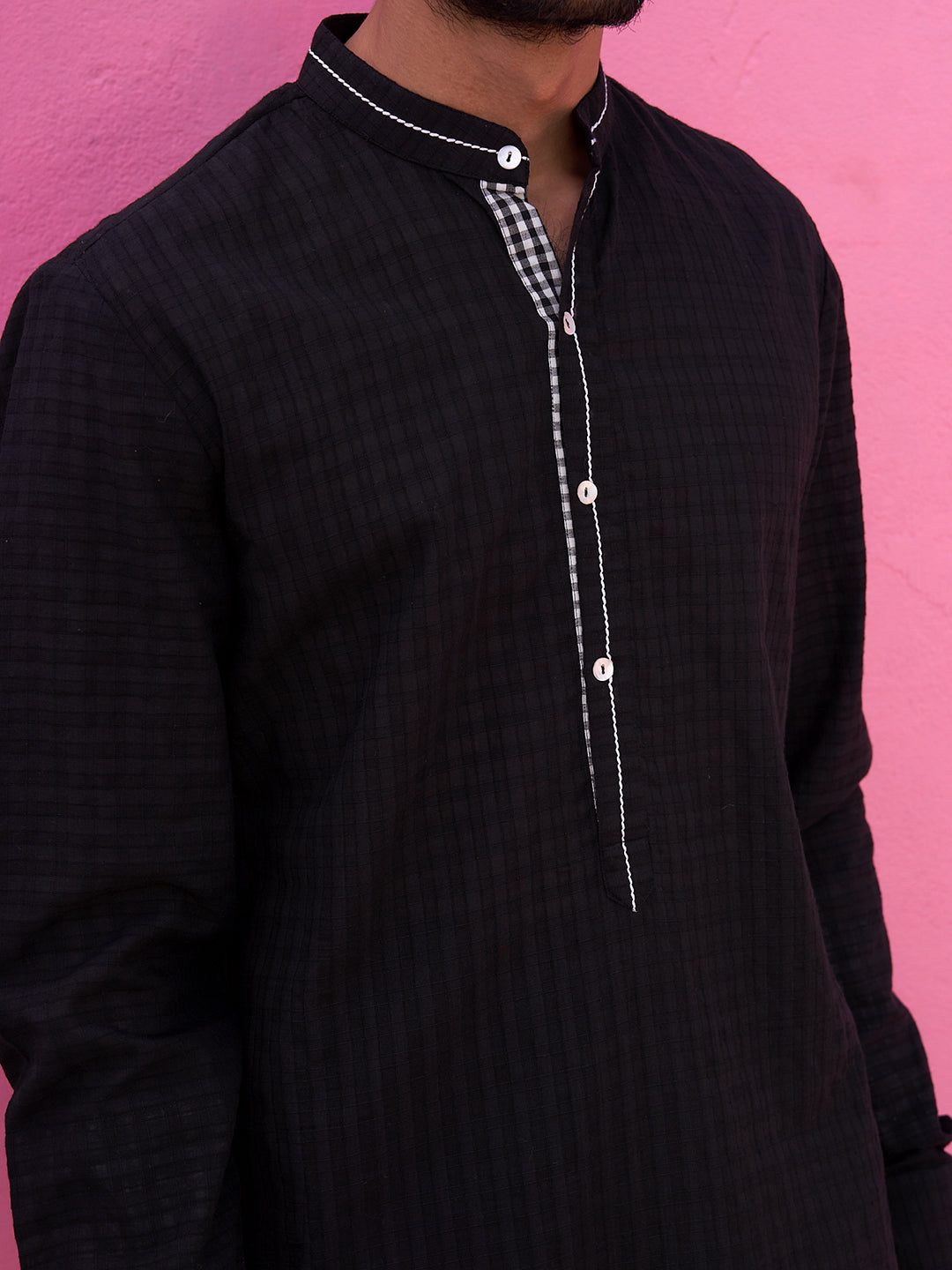 Mandarin collar black self check kurta with pathani pants