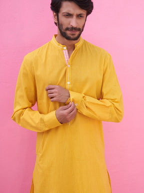 Mandarin collar yellow self check kurta with pathani pants