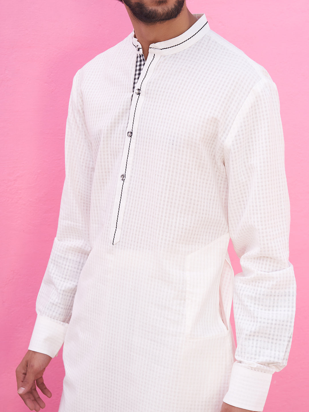 Mandarin collar white self check kurta