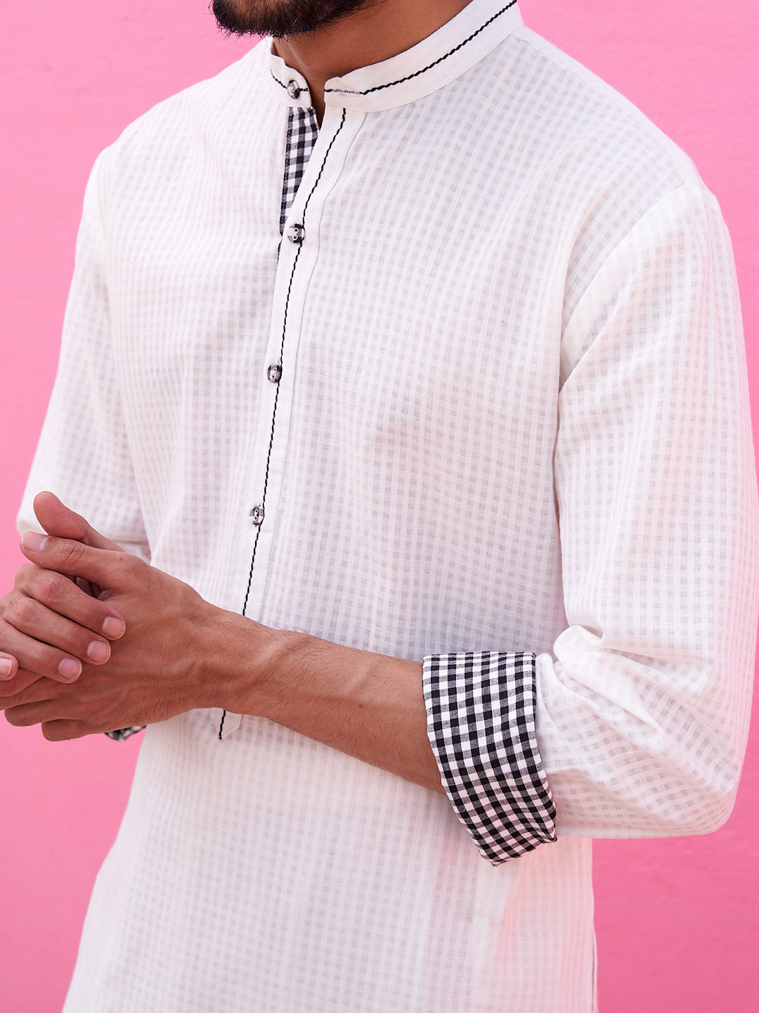 Mandarin collar white self check kurta