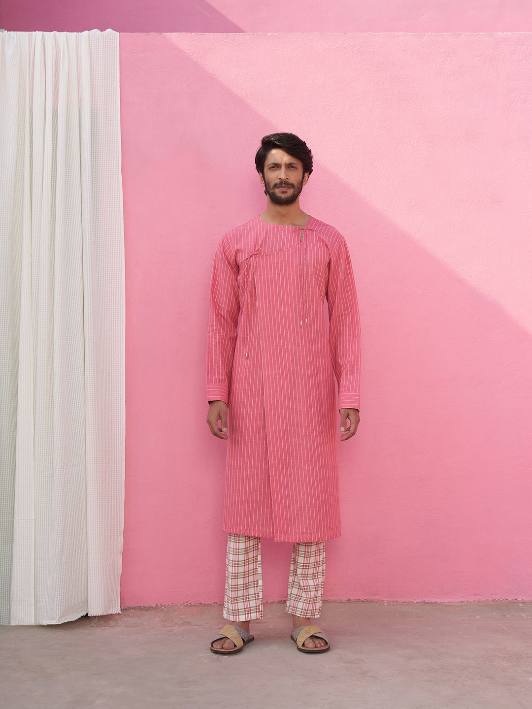 Kantha stripe pink angrakha kurta