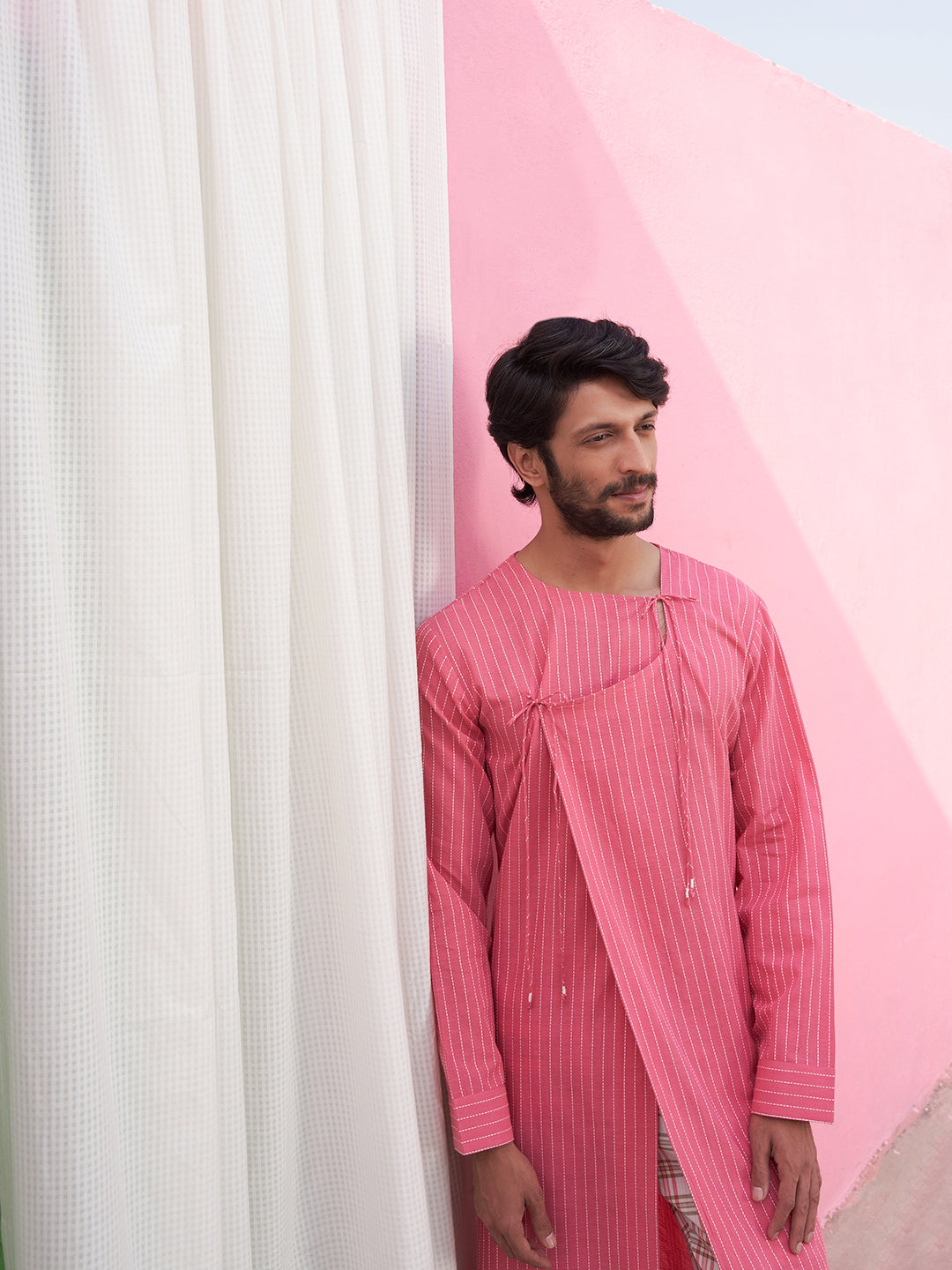 Kantha stripe pink angrakha kurta with straight pants