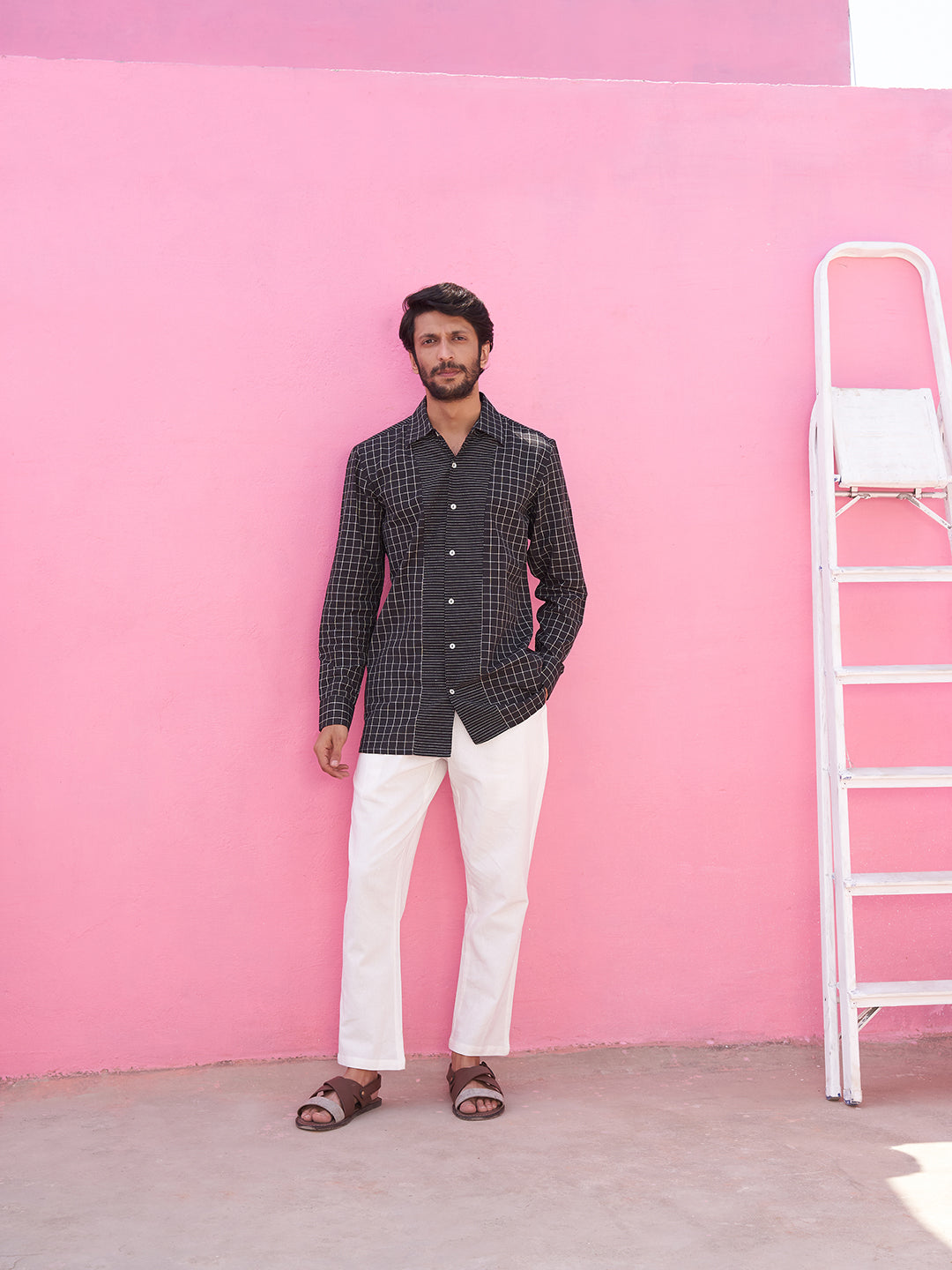 Black Classic collar kurta shirt with kantha striped yoke