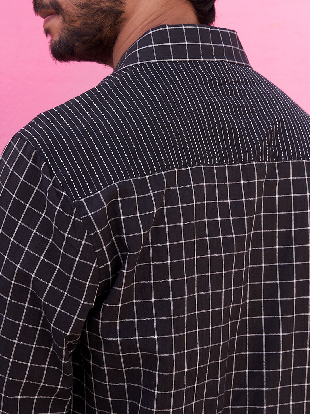 Black Classic collar kurta shirt with kantha striped yoke