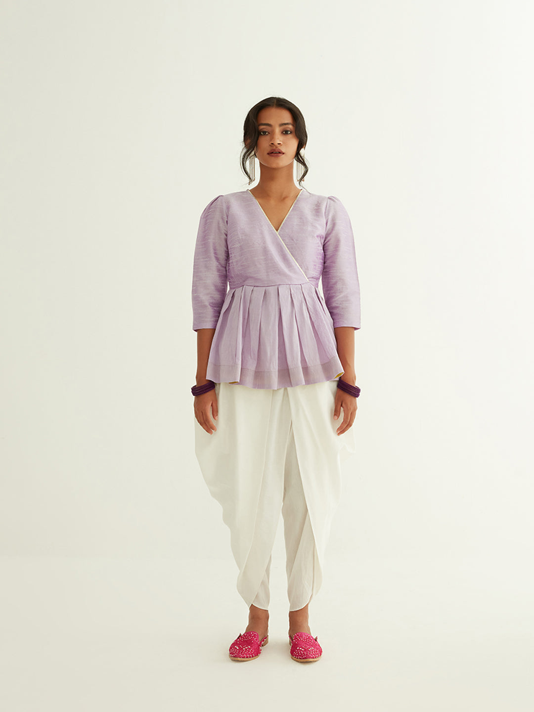 Short banarasi pleated top with puff sleeves paired with tulip dhoti pants