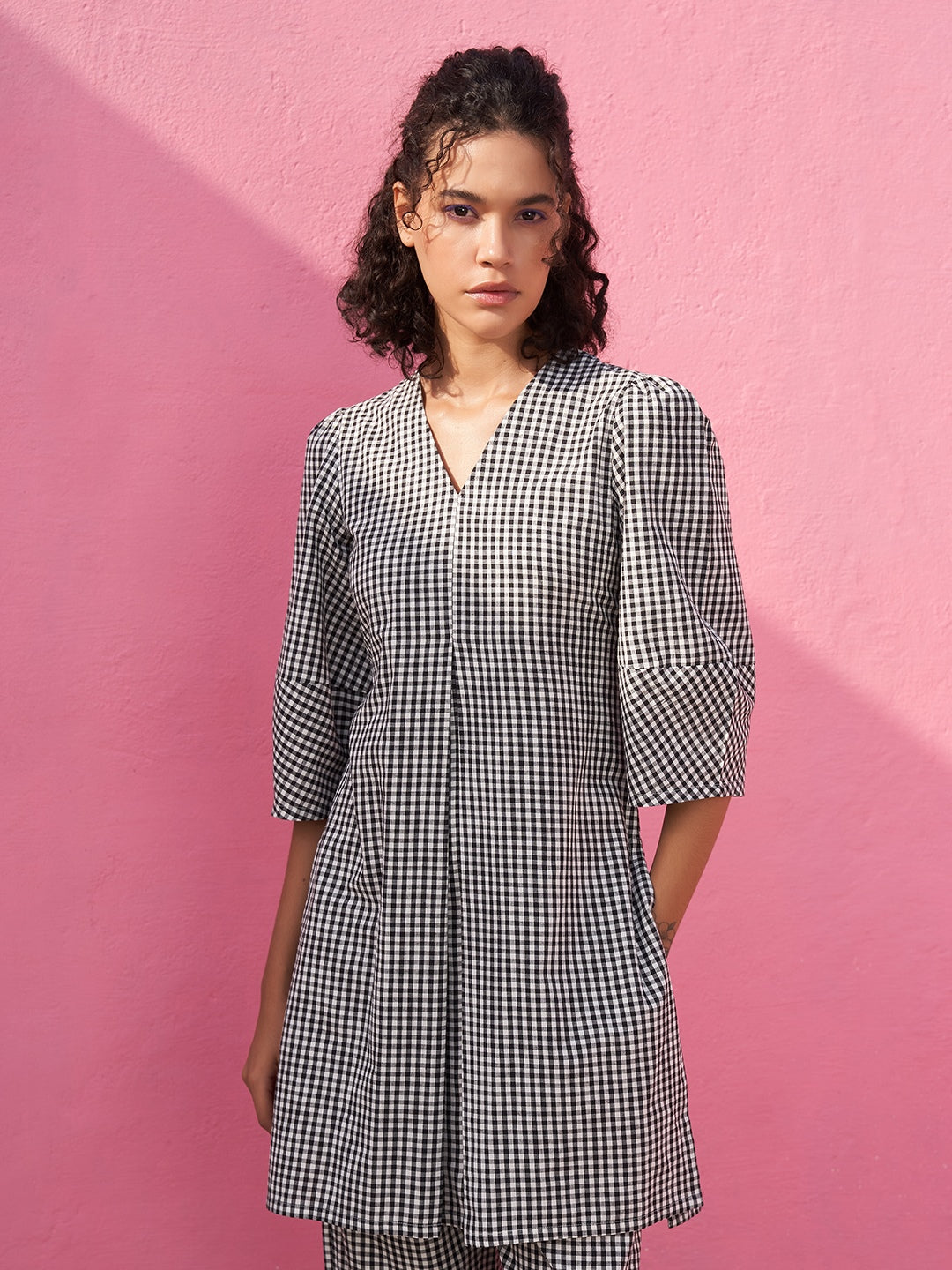 Box Pleat Gingham Checks Kurta Set