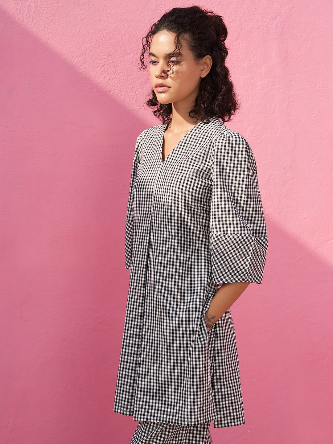 Box Pleat Gingham Checks Kurta Set