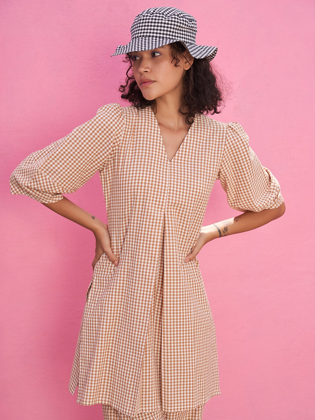 Box Pleat Gingham Checks Kurta and Overlapped Hem Pants