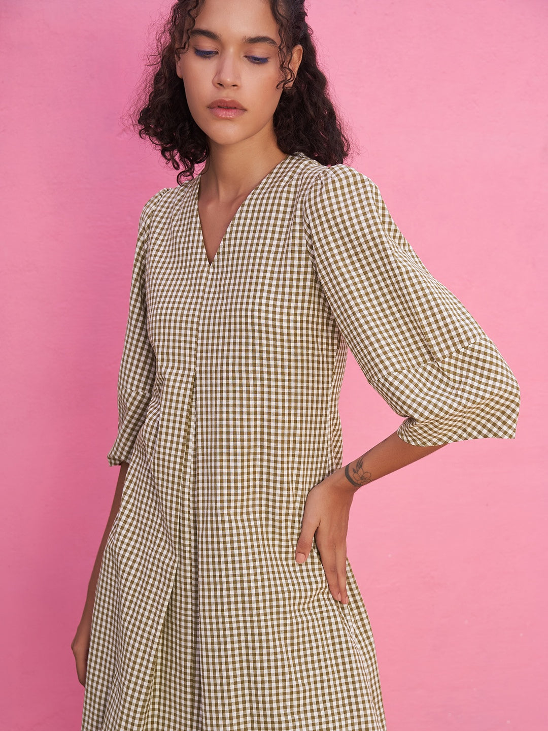 Box Pleat Gingham Checks Kurta Set