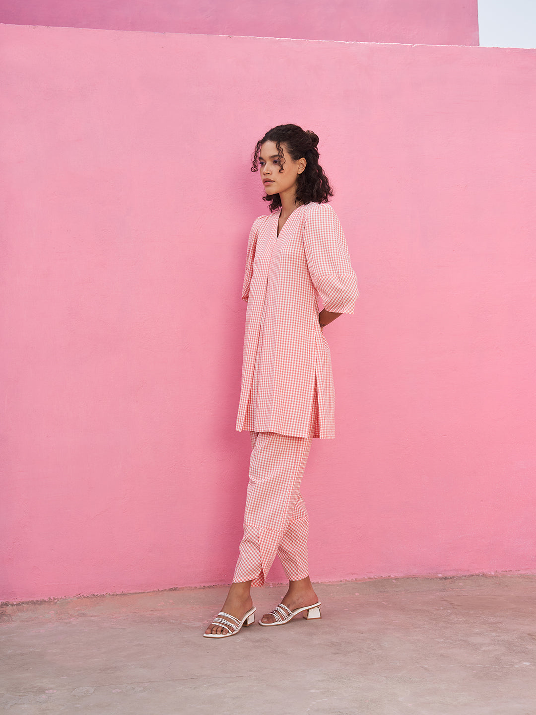 Box Pleat Gingham Checks Kurta Set