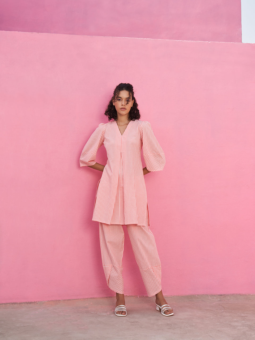 Box Pleat Gingham Checks Kurta Set