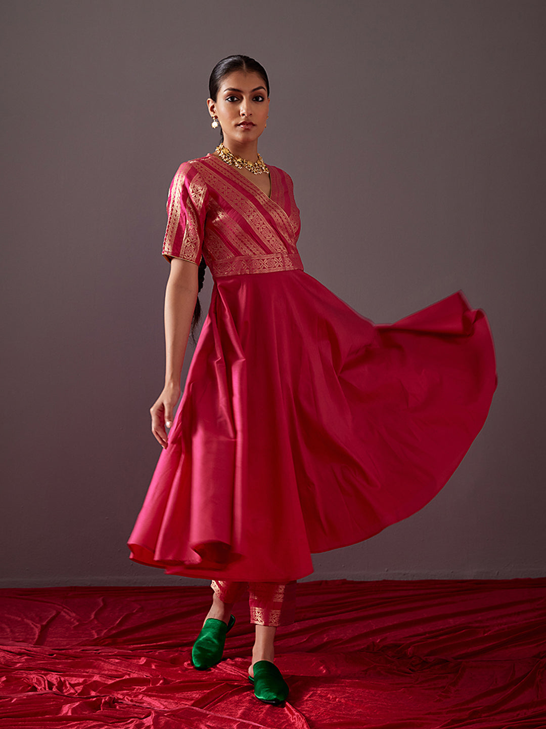 Overlapped zari Banarasi Circular Kurta -Fuschia Pink