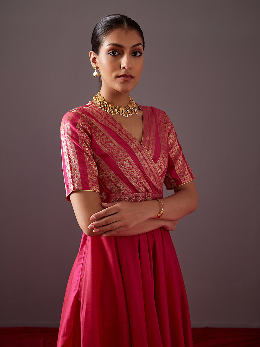 Overlapped zari Banarasi Circular Kurta -Fuschia Pink