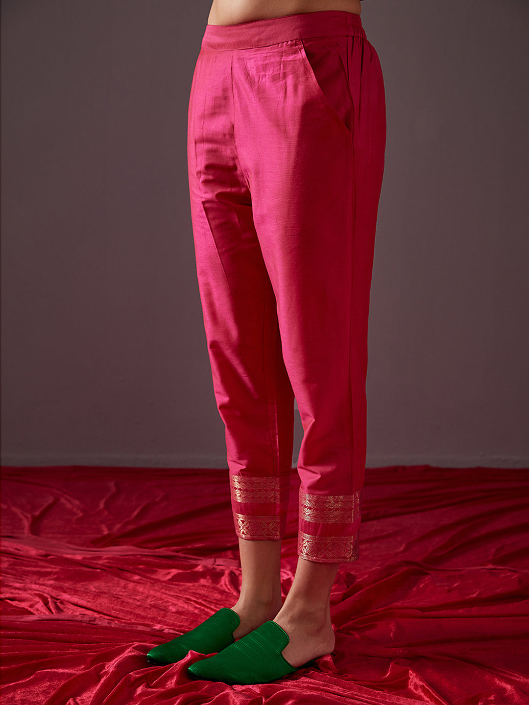 Pegged pants with banarasi zari border-Fuschia pink