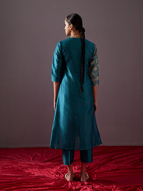 Banarasi zari angrakha kurta with dori tie up-Teal blue