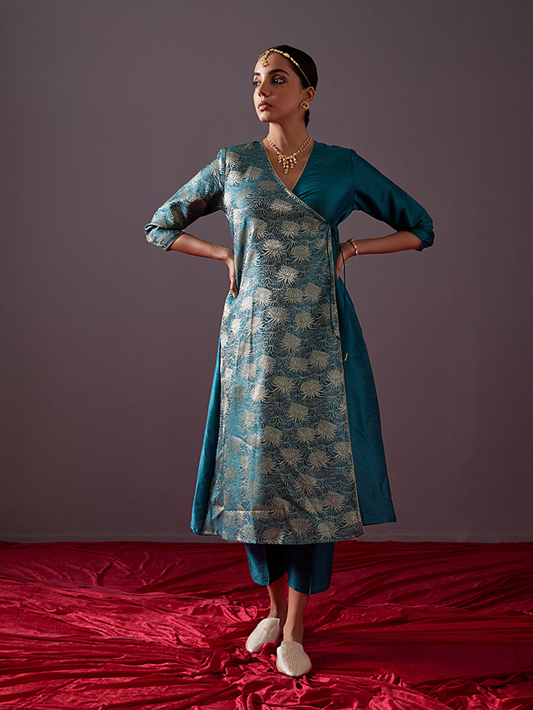 Banarasi zari angrakha kurta with dori tie up-Teal blue