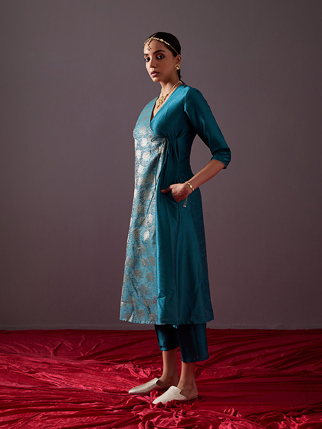Banarasi zari angrakha kurta with dori tie up-Teal blue