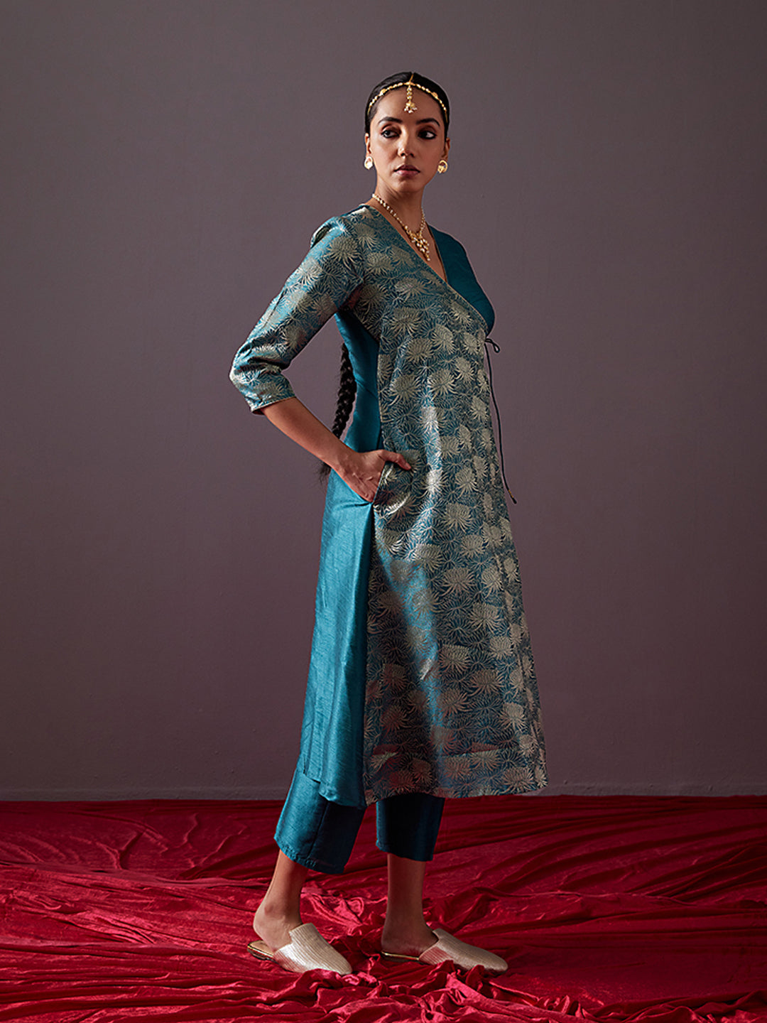 Banarasi zari angrakha kurta with dori tie up-Teal blue