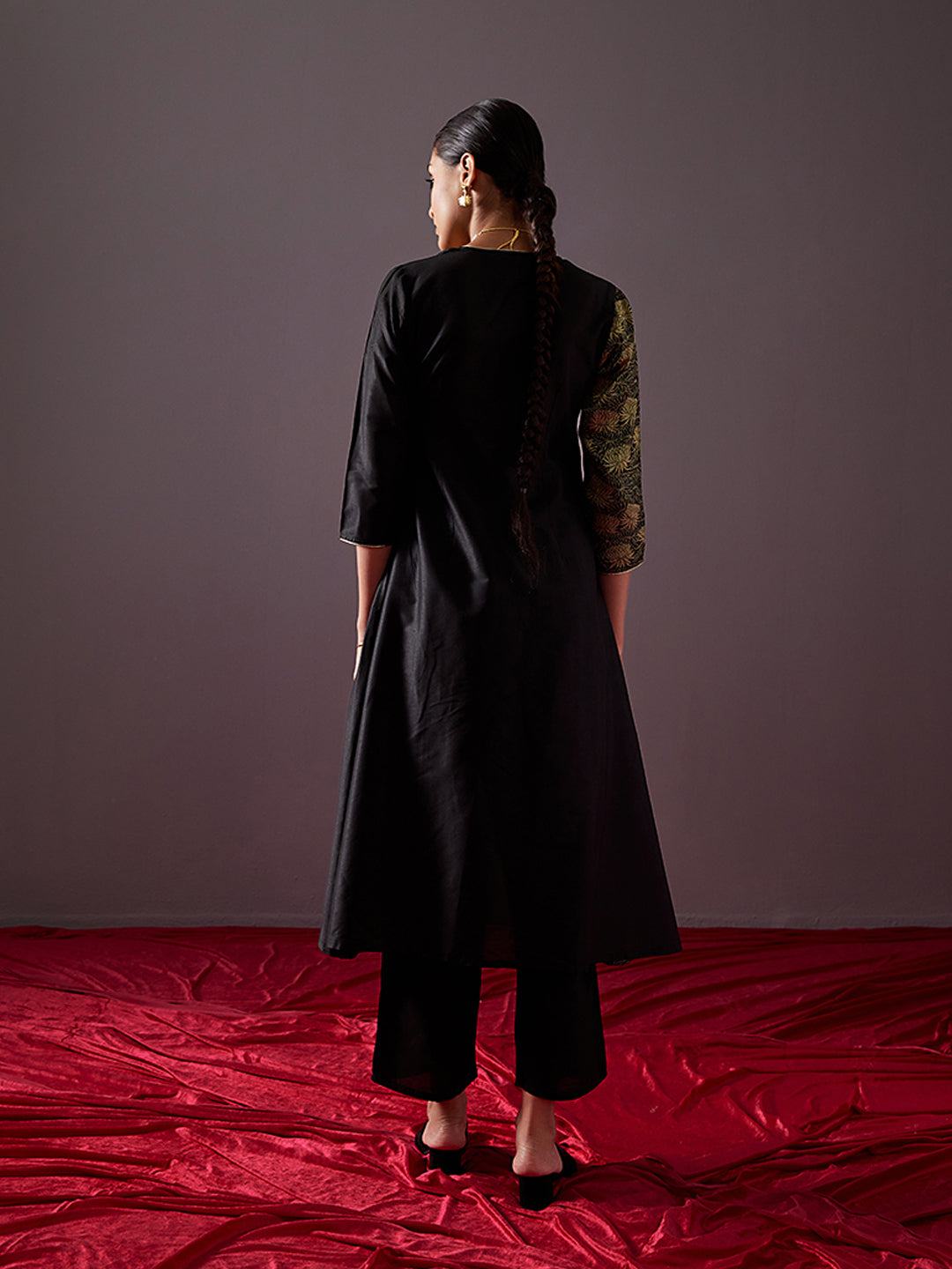 Banarasi zari angrakha kurta with Dori tie up-Metallic black