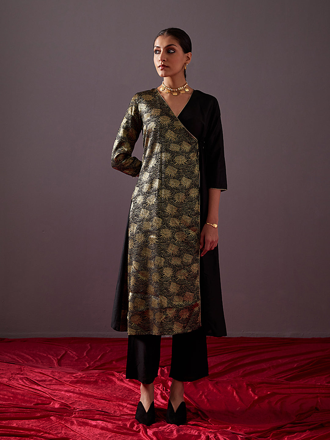 Banarasi zari angrakha kurta with Dori tie up-Metallic black