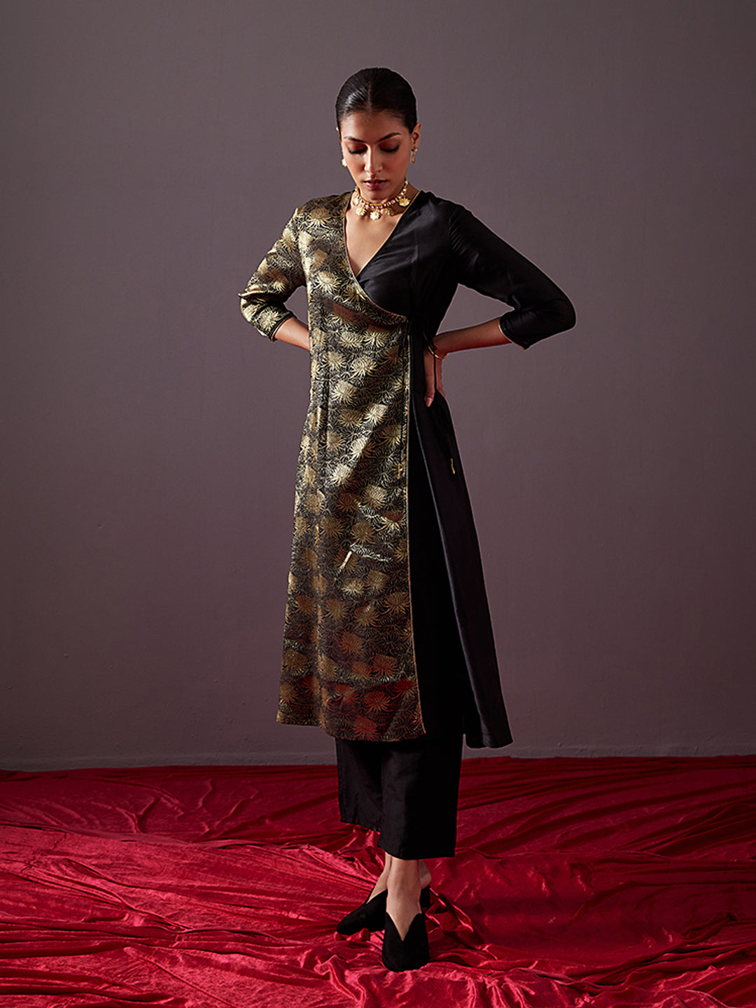 Banarasi zari angrakha kurta with Dori tie up-Metallic black