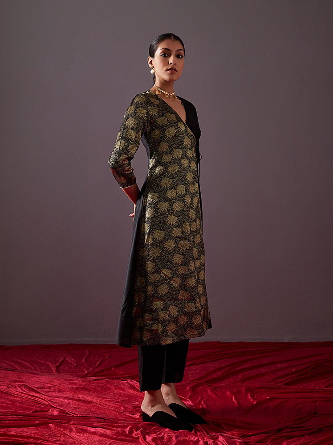 Banarasi zari angrakha kurta with Dori tie up-Metallic black