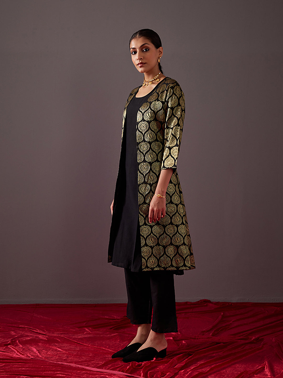 Banarasi zari jacket with straight kurta-metallic black