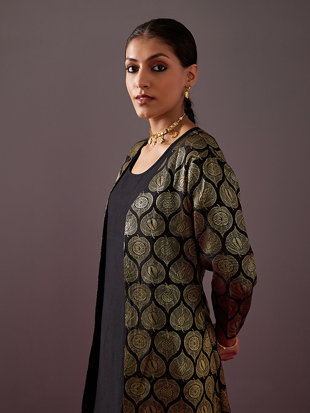 Banarasi zari jacket with straight kurta-metallic black