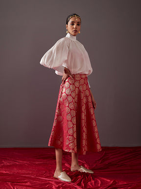 Gathered turtle neckline Top With zari circular Skirt