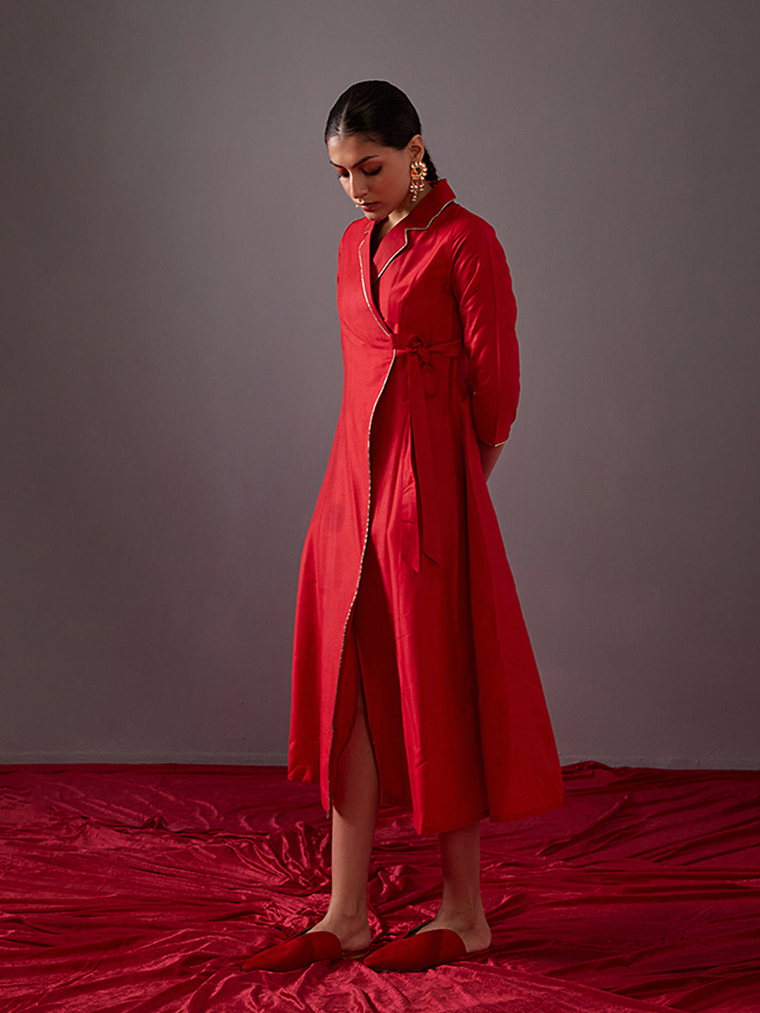Lapel collared wrap dress-scarlet red