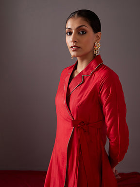 Lapel collared wrap dress-scarlet red