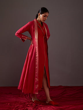 Lapel collared wrap dress with zari border jacket