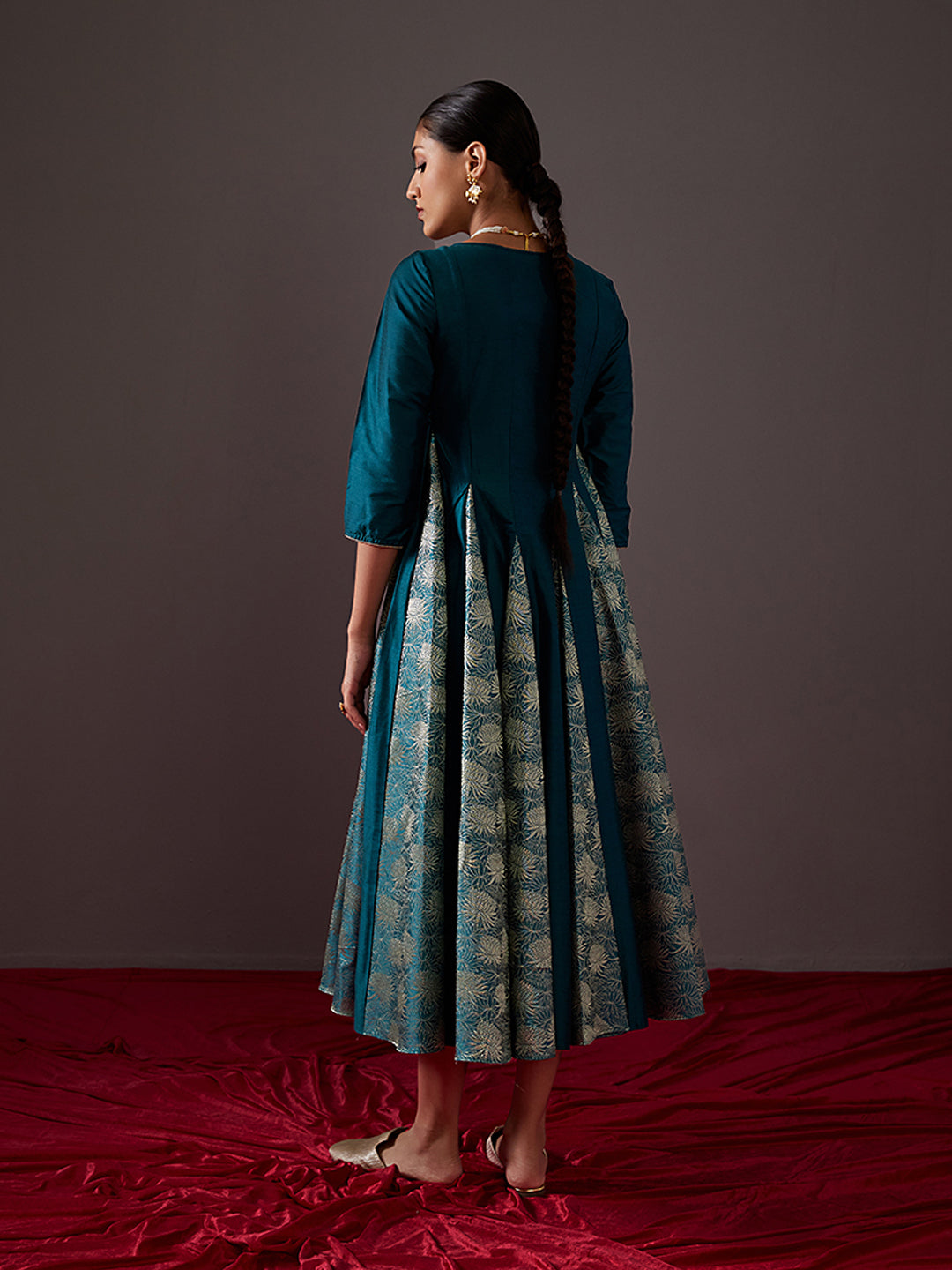 Banarasi zari godet flared dress- Teal Blue
