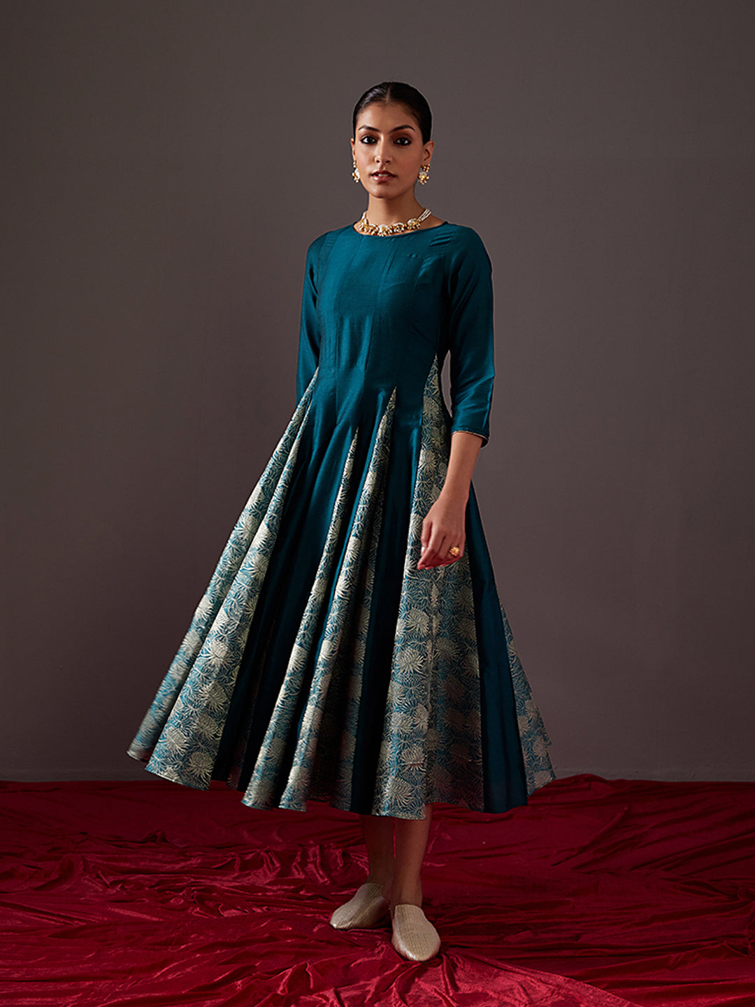 Banarasi zari godet flared dress- Teal Blue