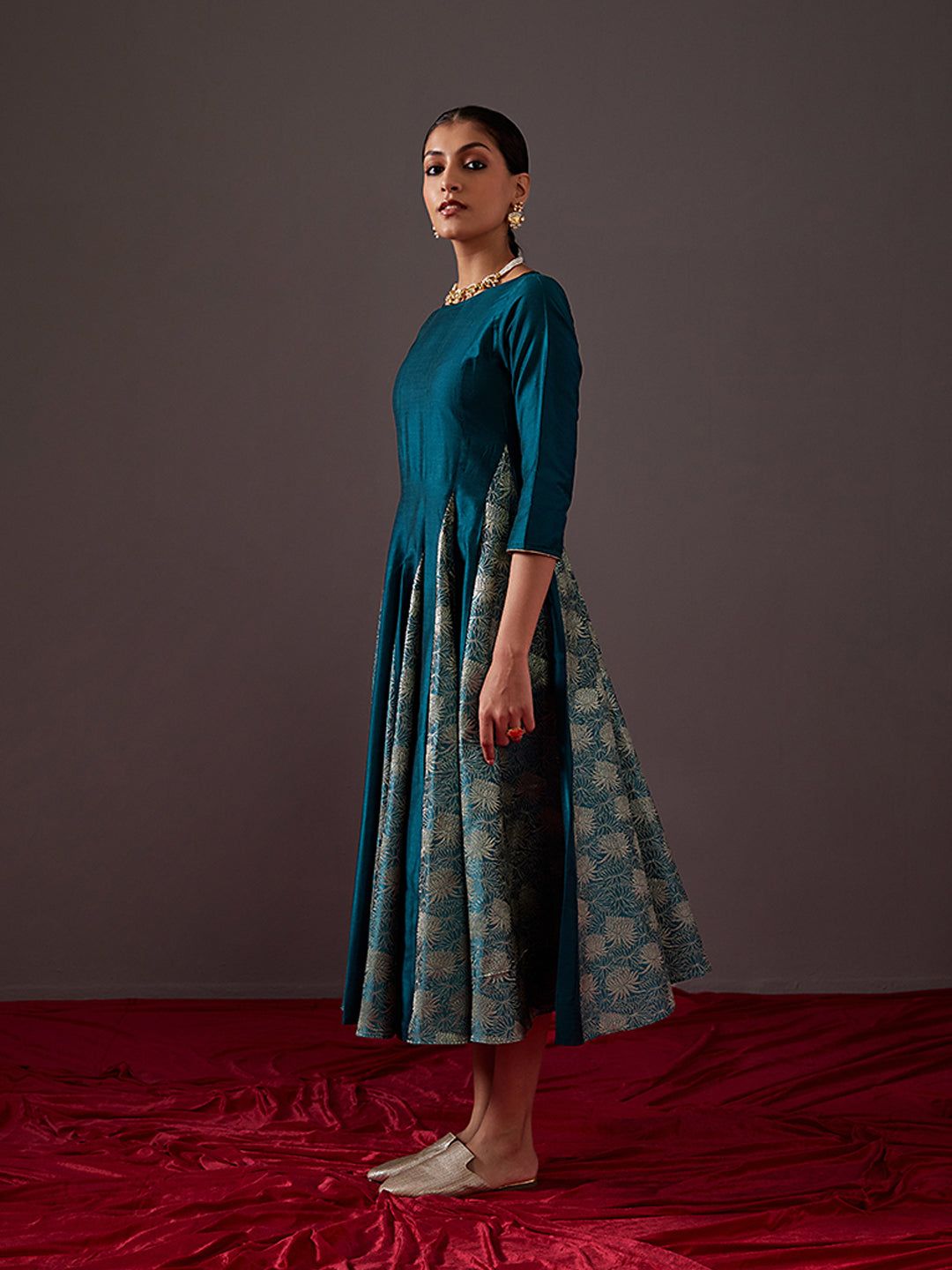 Banarasi zari godet flared dress- Teal Blue