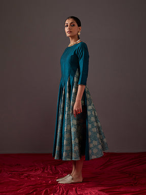 Banarasi zari godet flared dress- Teal Blue