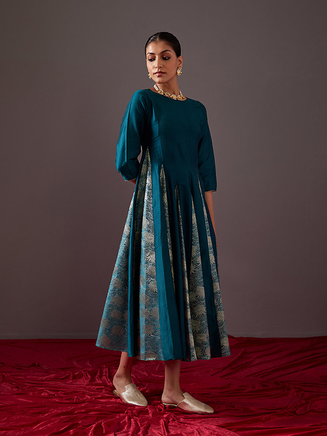 Banarasi zari godet flared dress- Teal Blue