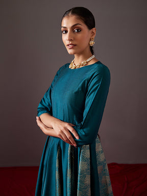Banarasi zari godet flared dress- Teal Blue