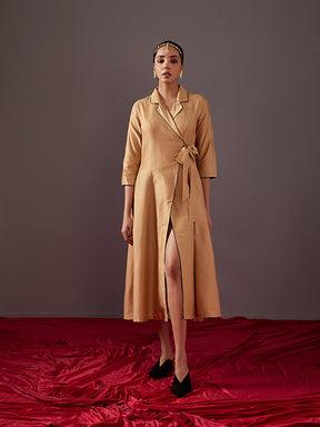 Lapel collared wrap dress - Metallic Gold