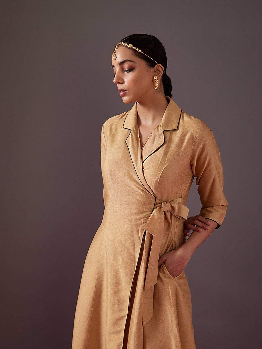 Lapel collared wrap dress - Metallic Gold