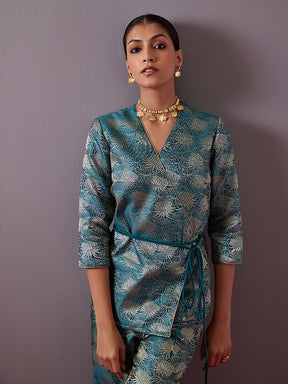 Banarasi zari wrap top with dori tie up- teal blue